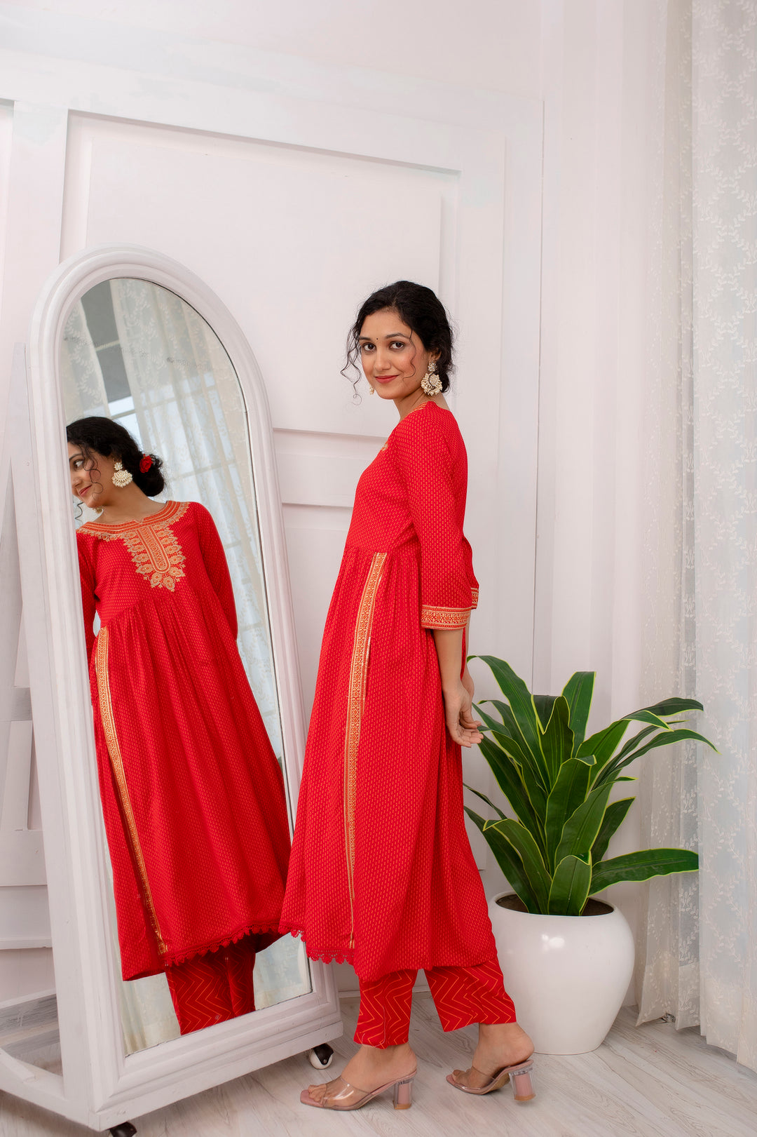 Women's Red Rayon Nyara Cut A-Line Kurta Pant and Dupatta With Fancy Potli Set