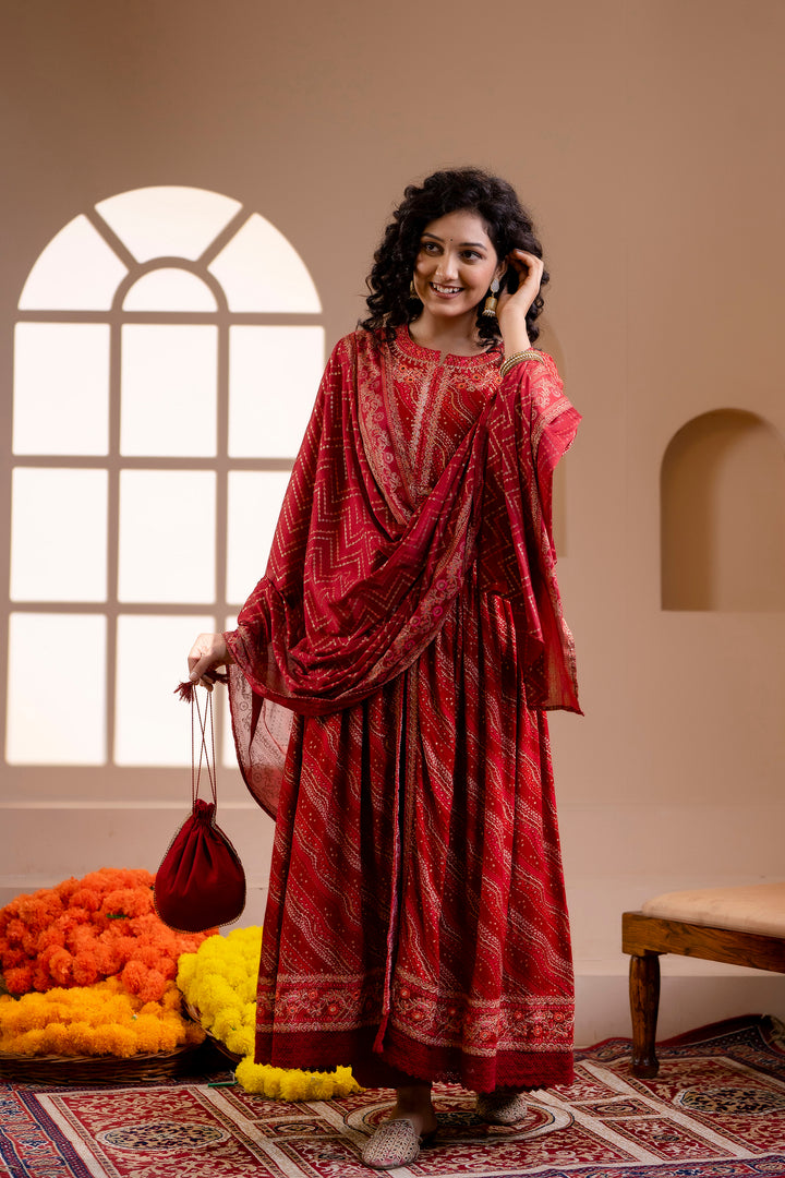 Women's Rayon Red A-Line Ethnic Set