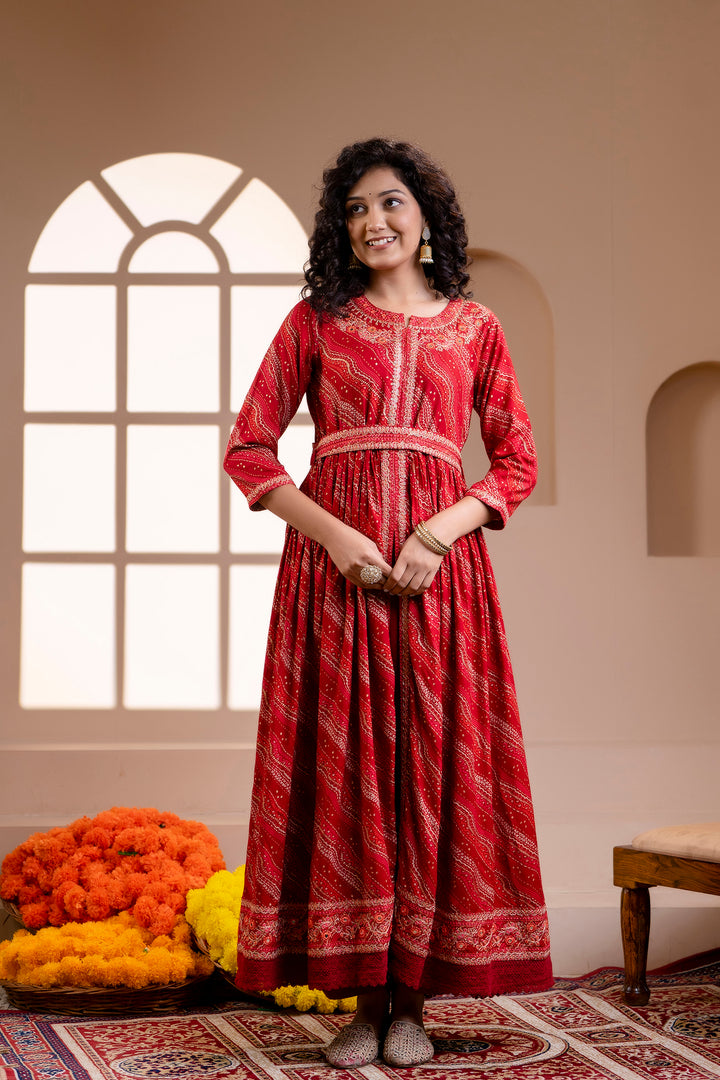 Women's Rayon Red A-Line Ethnic Set