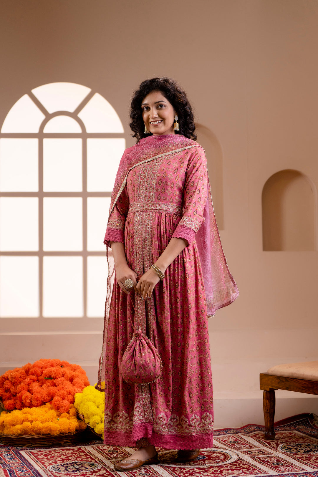 Women's Rayon Pink A-Line Ethnic Set