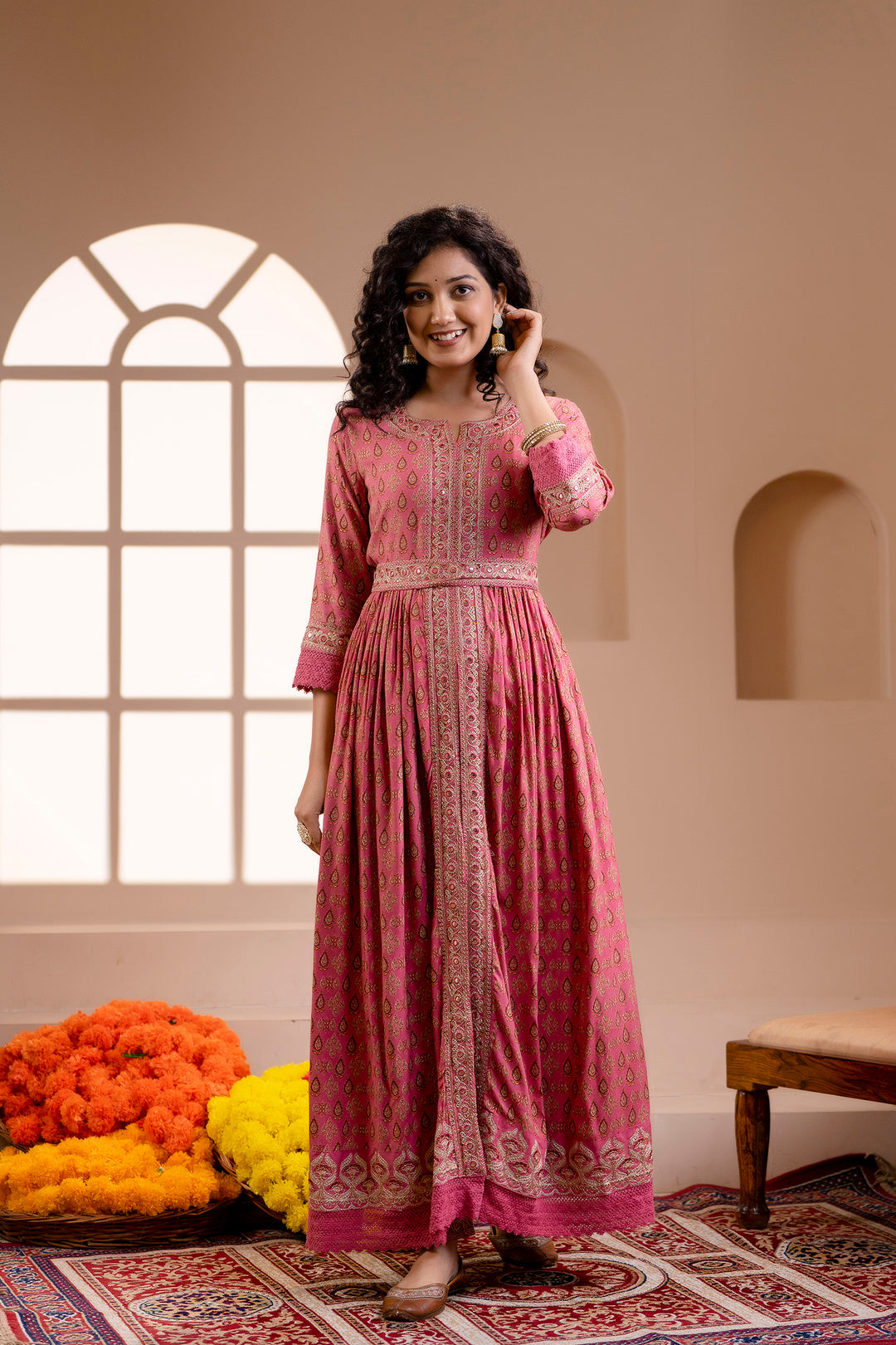 Women's Rayon Pink A-Line Ethnic Set