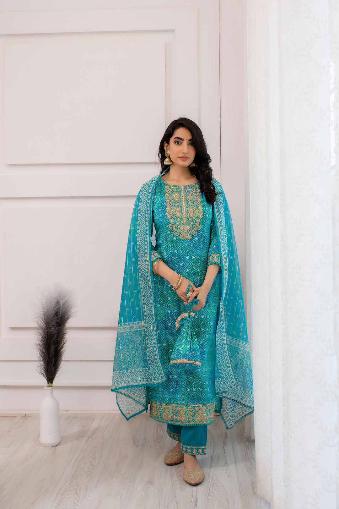 Women's Rayon Turquoise or Green Straight Kurta, Pant and Dupatta With Fancy Potli Set