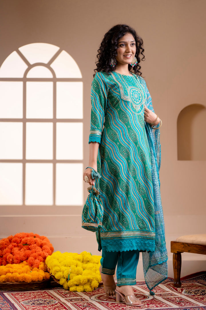 Women's Muslin Green or Turquoise Straight Kurta, Pant and Dupatta With Fancy Potli Set