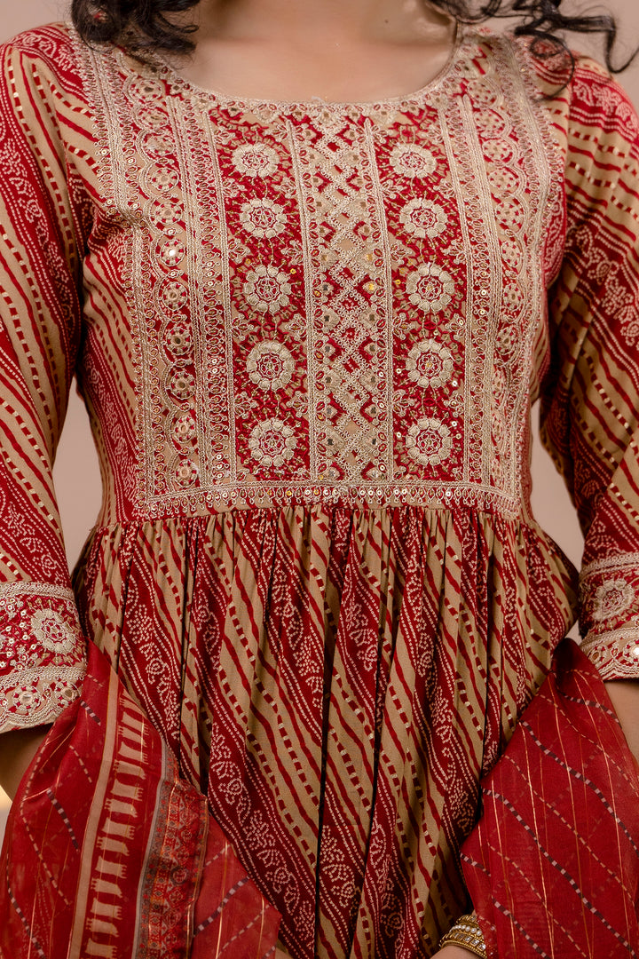 Women's Muslin Red or Beige Nyara Cut A-Line Kurta, Afghani Salwar and Dupatta With Fancy Potli Set