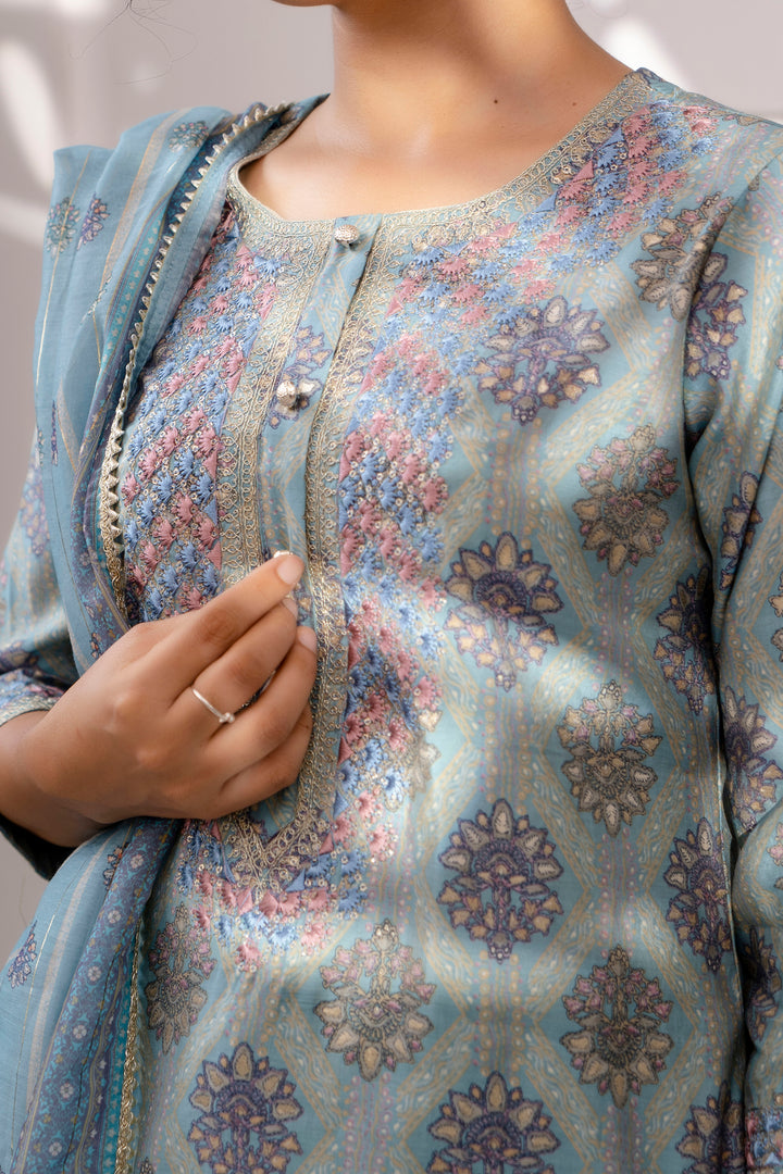 Women's Muslin Mint Blue Straight Kurta, Afghani Salwar and Dupatta With Fancy Potli Set