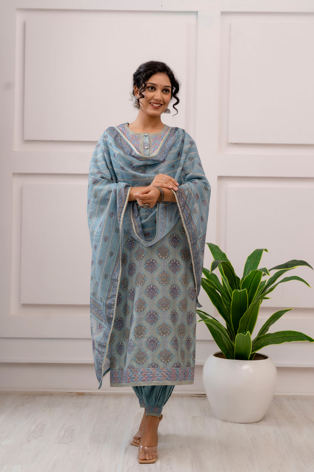 Women's Muslin Mint Blue Straight Kurta, Afghani Salwar and Dupatta With Fancy Potli Set