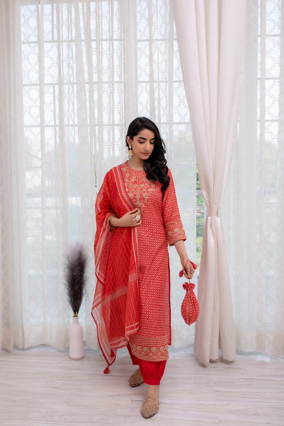 Women's Muslin Red Straight Kurta, Afghani Salwar and Dupatta With Fancy Potli Set