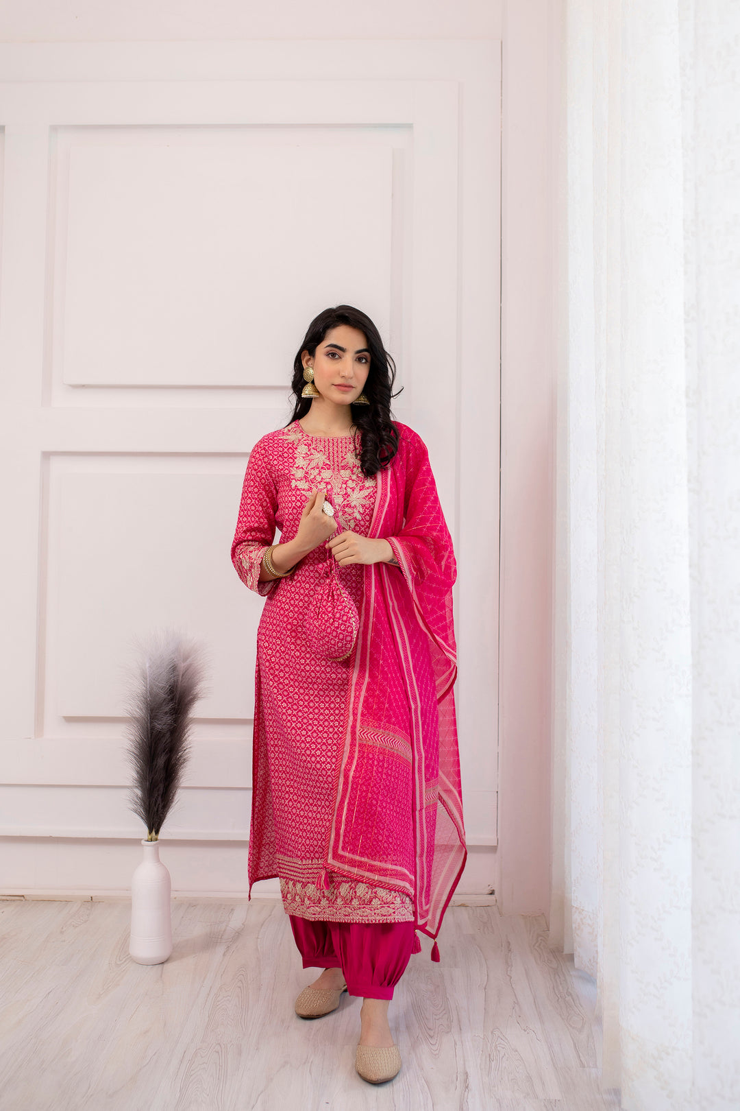 Straight Cotton Ladies Designer Afghani Suit, Stitched, Pink at Rs