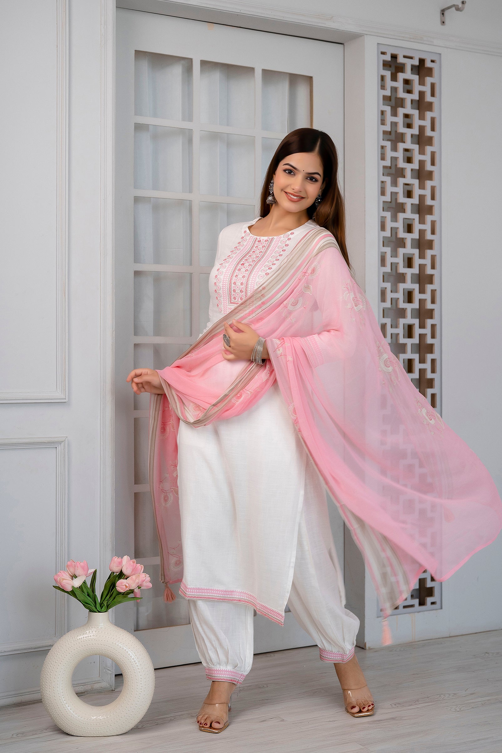 White salwar suit with multicolor fabulous dupatta