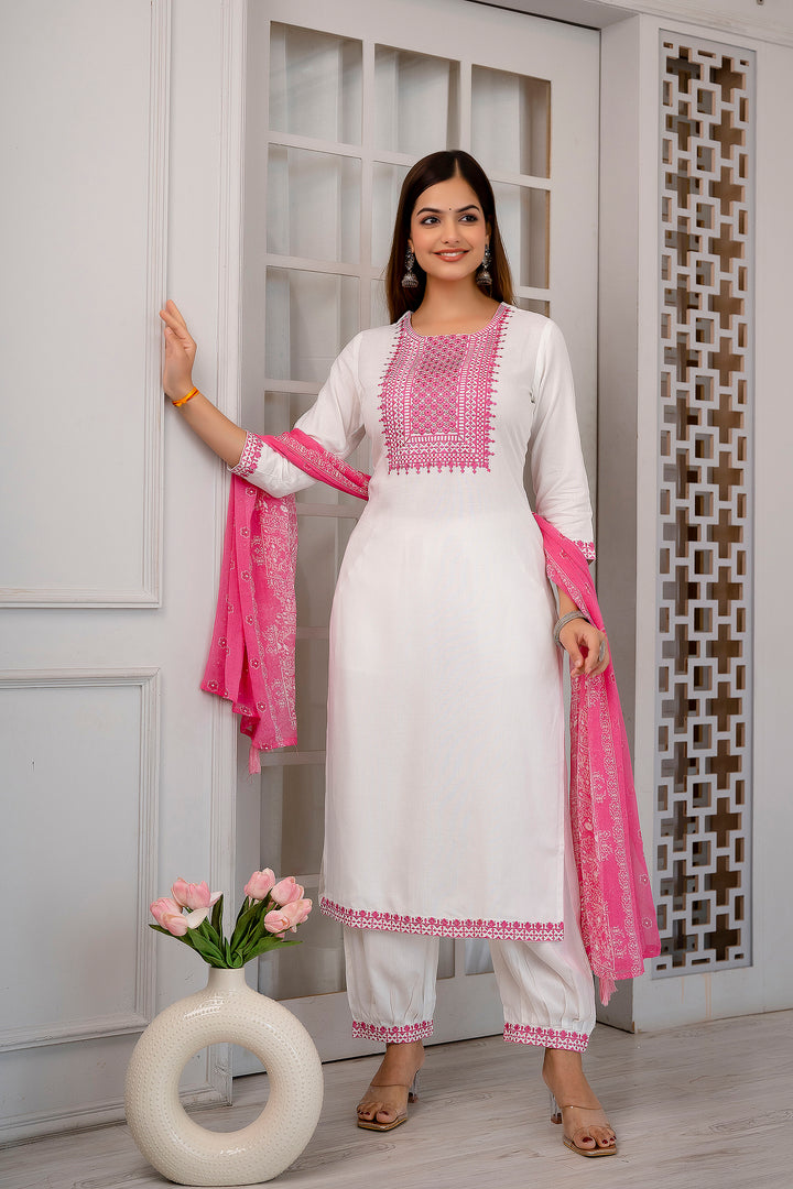 Women's Rayon White Straight Kurta Afghani Salwar and Dupatta Set