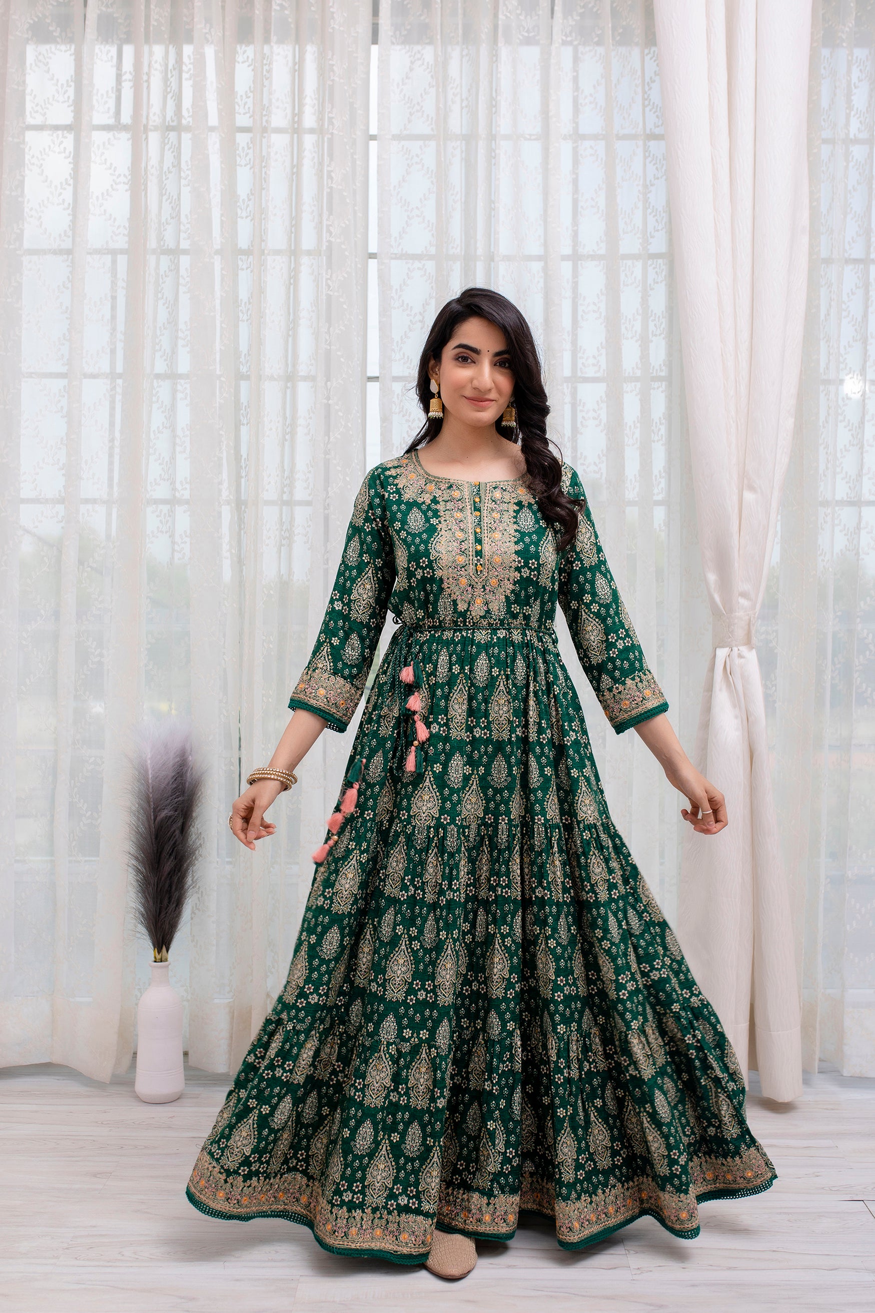 Buy Fluorescent Green Taffeta Metalic Foil Work Anarkali Gown Party Wear  Online at Best Price | Cbazaar
