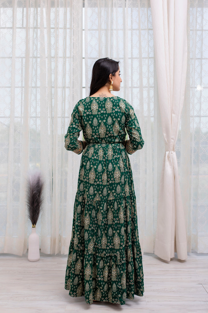 Women's Rayon Rama Green Traditional/Foil Print Anarkali Gown