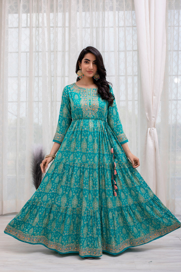 Women's Rayon Turquoise Traditional/Foil Print Anarkali Gown