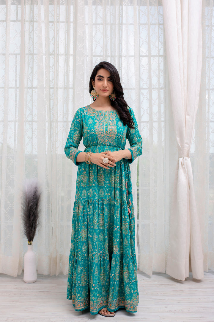 Women's Rayon Turquoise Traditional/Foil Print Anarkali Gown
