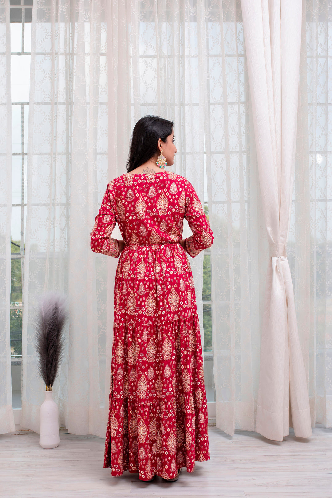 Women's Pink Traditional/Foil Print Anarkali Gown