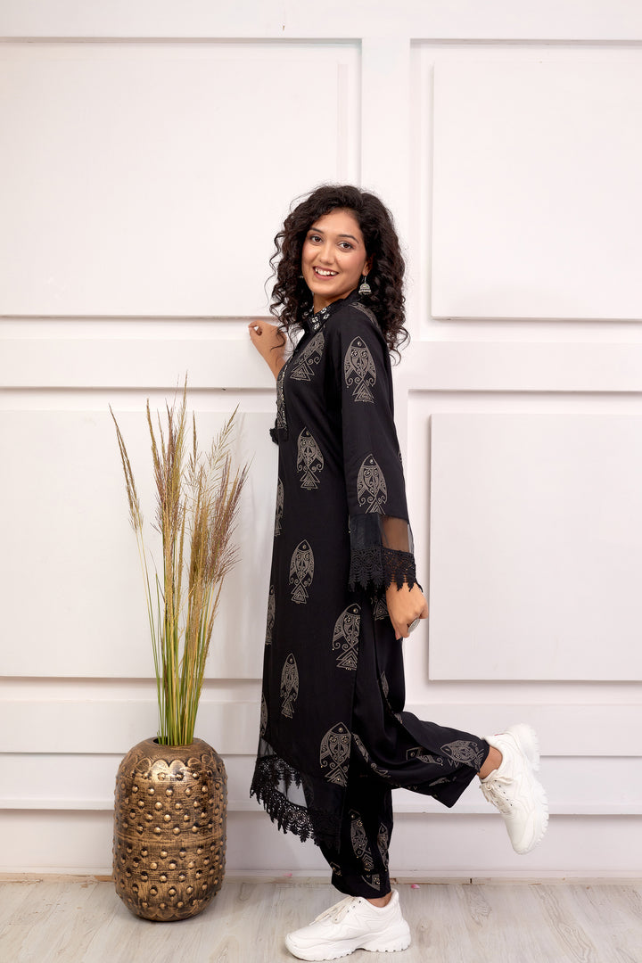 Women's Rayon Black Straight Kurta & Afghani Salwar Set