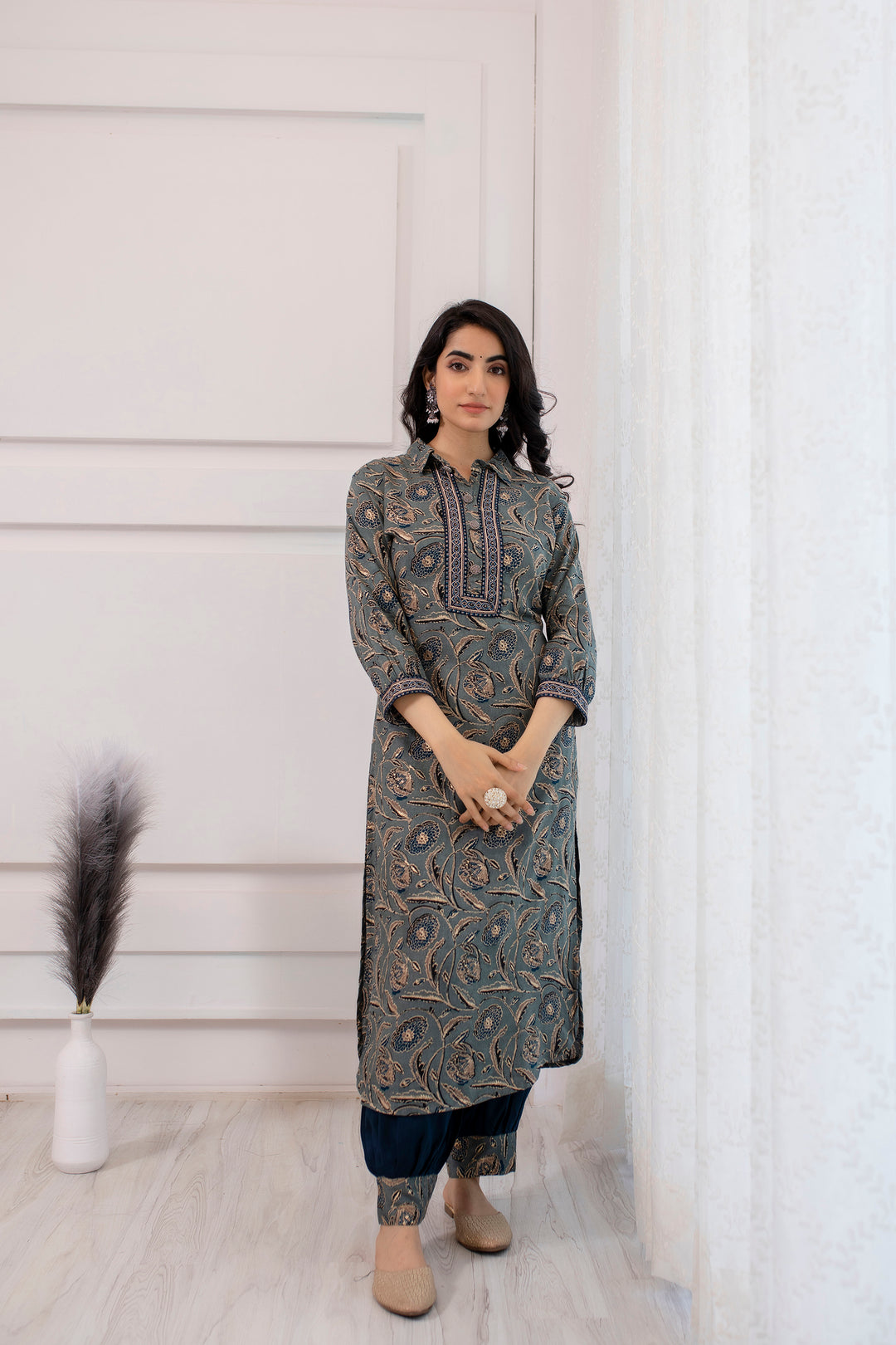 Women's Rayon Grey Straight Kurta & Afghani Salwar Set