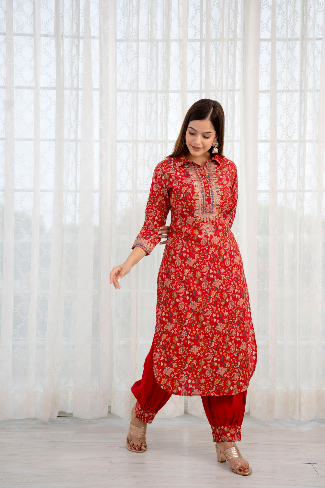 Women's Muslin Red Straight Kurta & Afghani Salwar Set