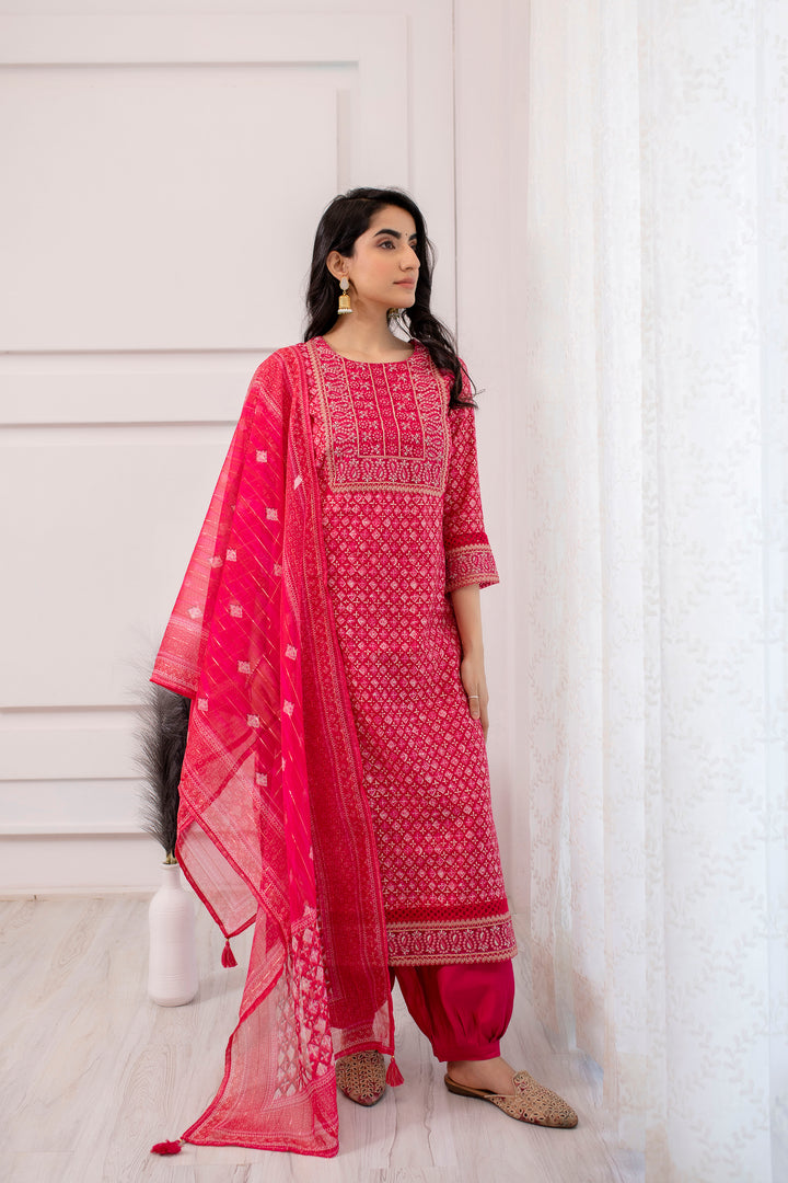 Women's Muslin Pink Straight Kurta, Afghani Salwar & Dupatta With Fancy Potli Set