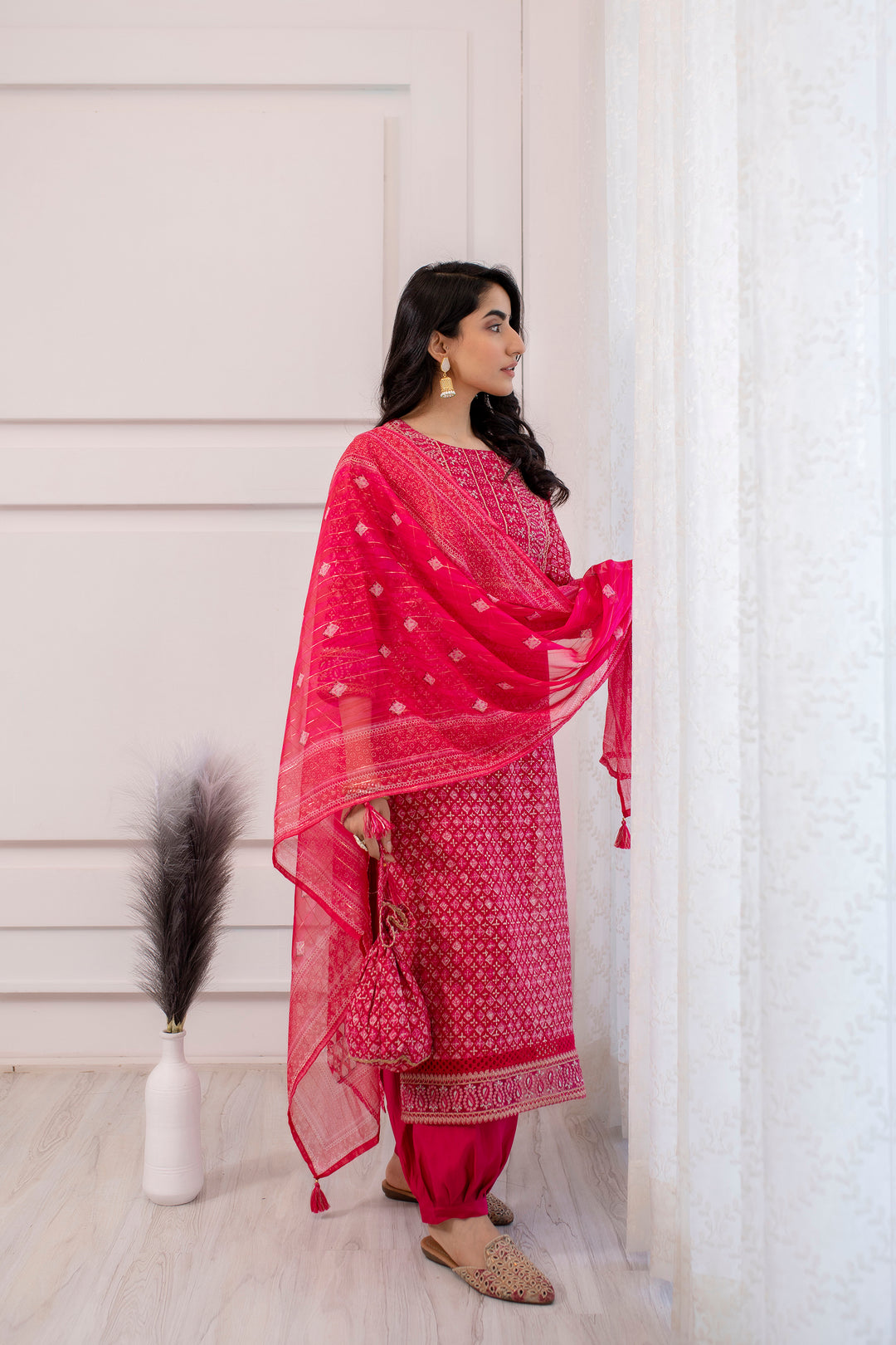 Women's Muslin Pink Straight Kurta, Afghani Salwar & Dupatta With Fancy Potli Set
