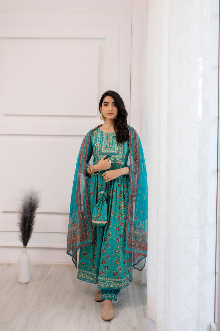 Women's Rayon Green A-Line Kurta, Afghani Salwar & Dupatta With Fancy Potli Set