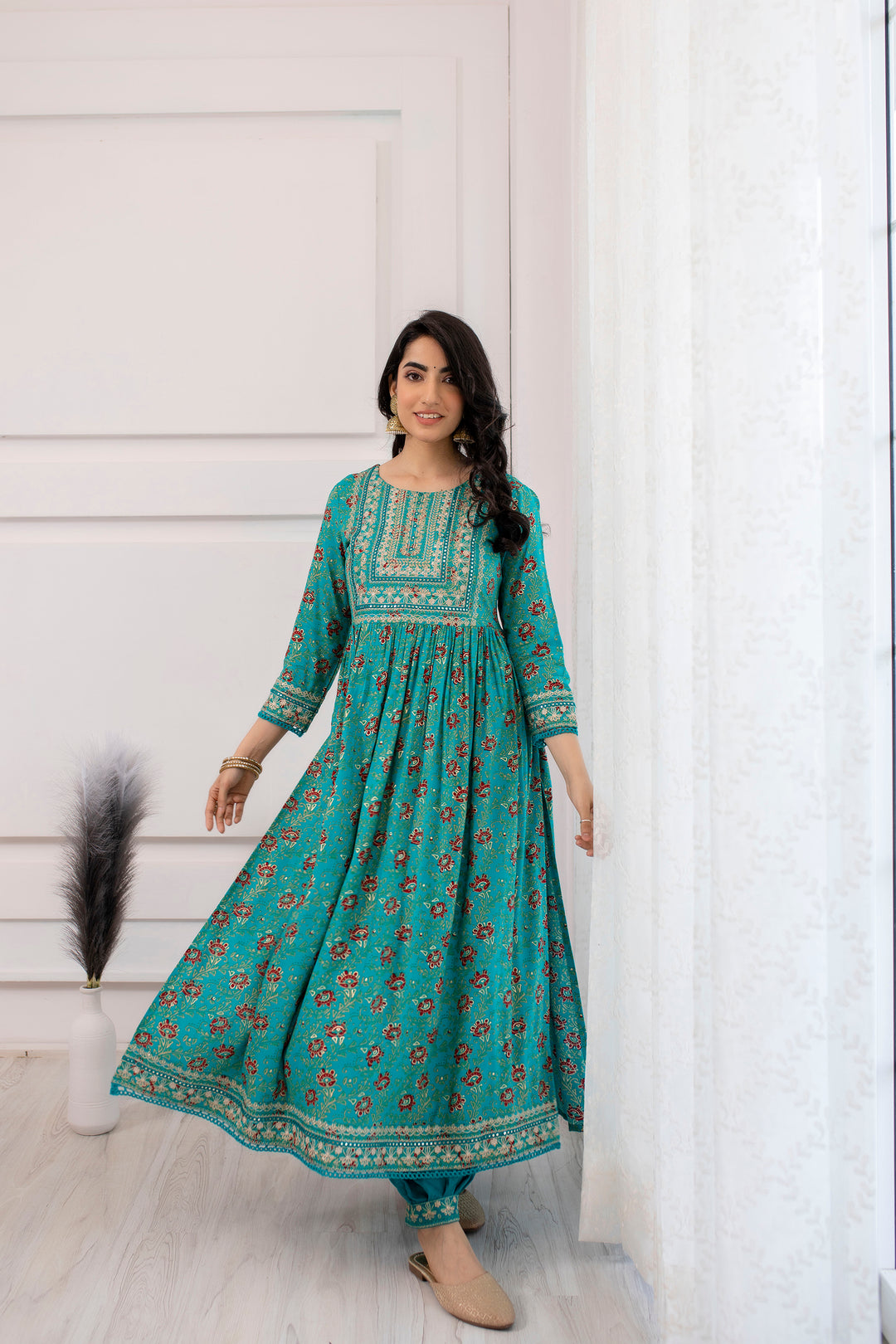 Women's Rayon Green A-Line Kurta, Afghani Salwar & Dupatta With Fancy Potli Set