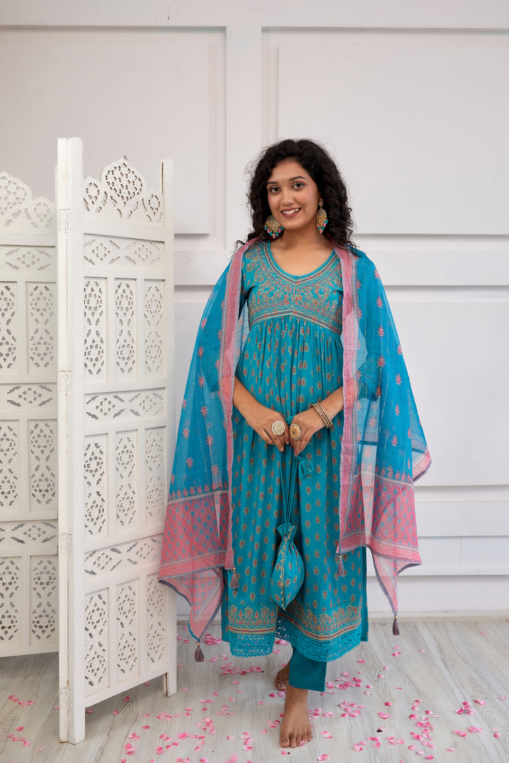 Women's Muslin Turquoise Alia Cut A-line Kurta, Pant & Dupatta With Fancy Potli Set