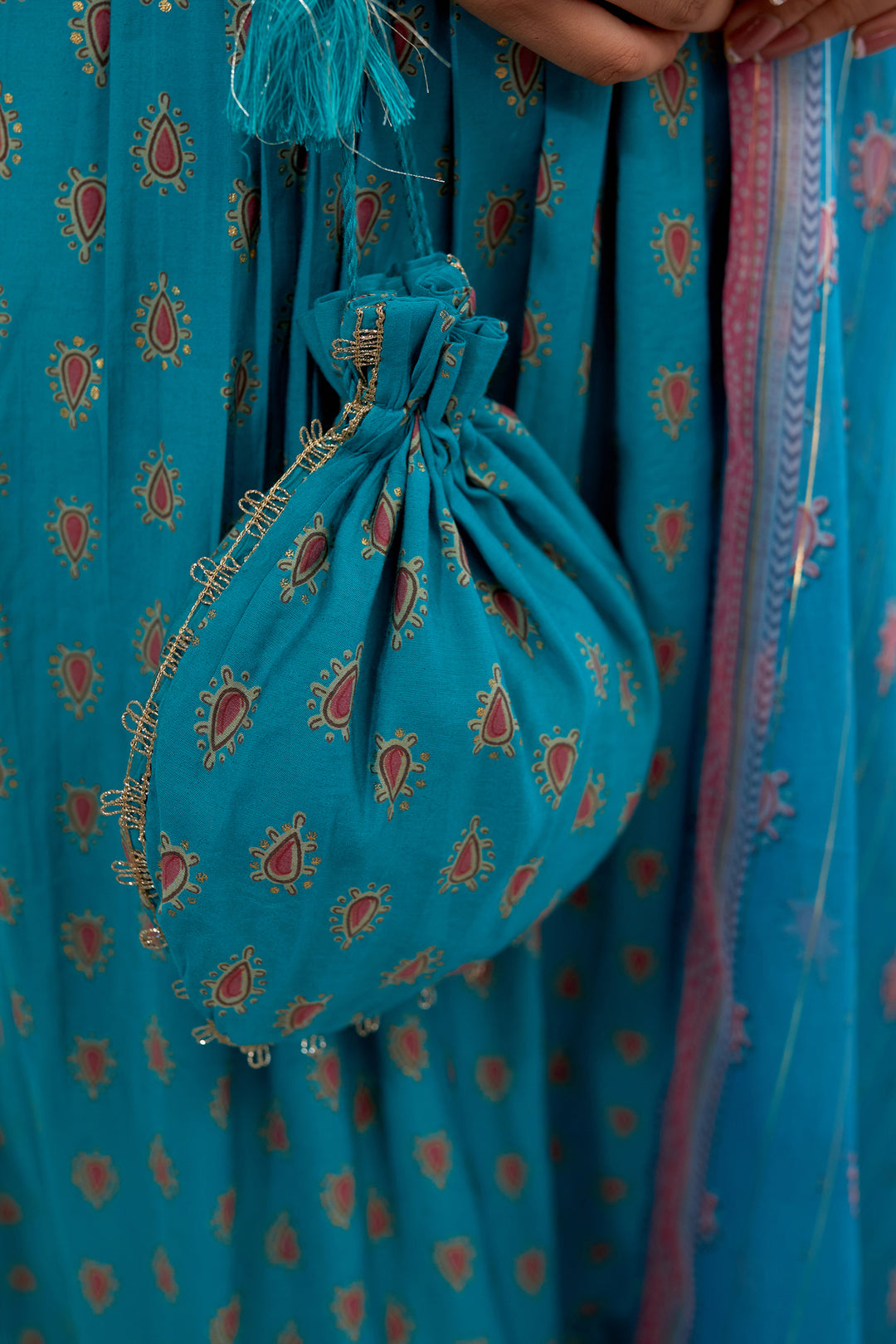 Women's Muslin Turquoise Alia Cut A-line Kurta, Pant & Dupatta With Fancy Potli Set