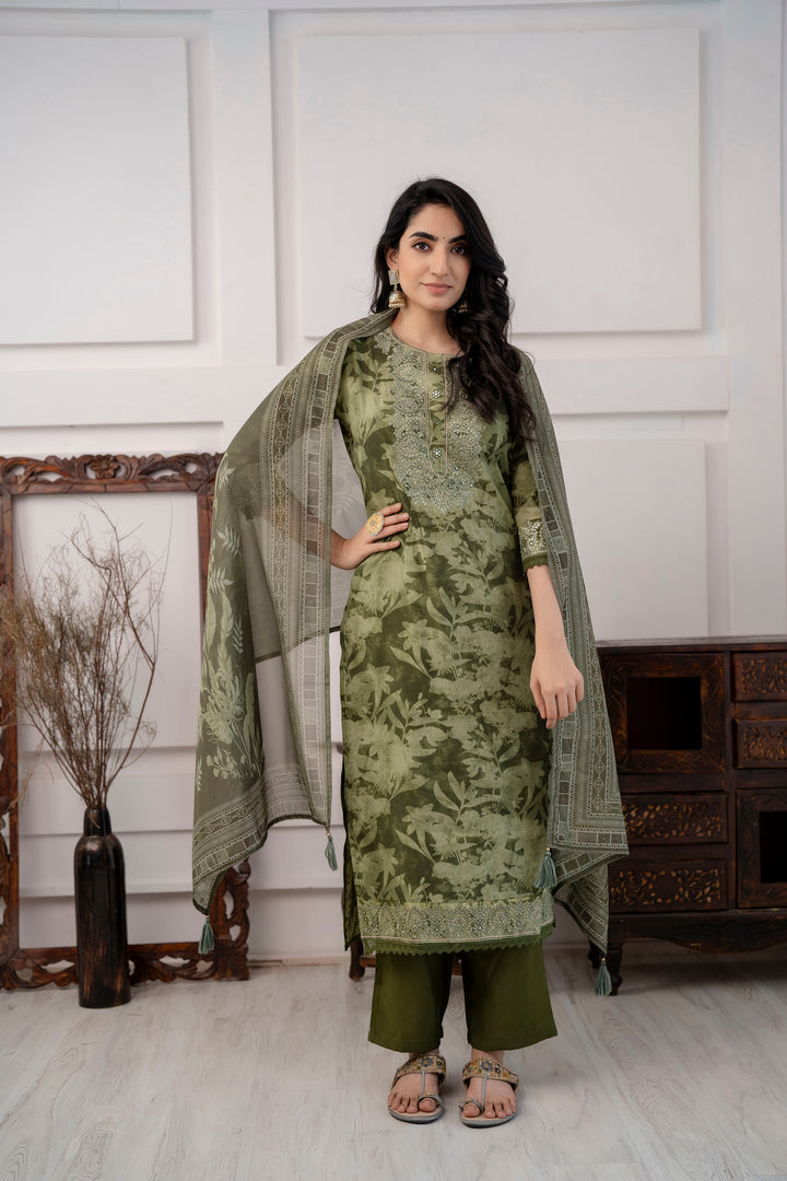 Women's  Mehndi Green Straight Kurta Pant & Dupatta Set