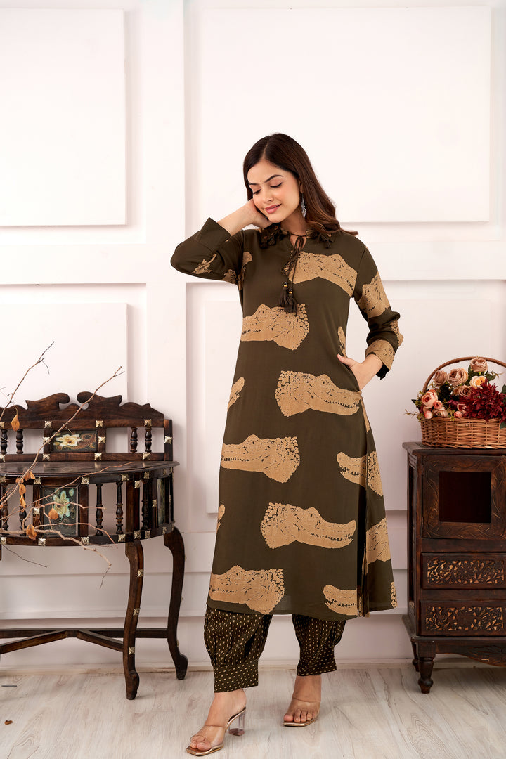 Women's Rayon Olive Green Straight Kurta and Afghani Salwar Set