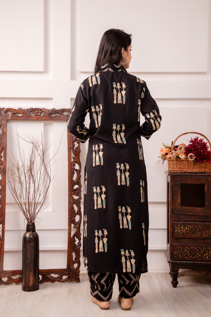 Women's Rayon Black Straight Kurta and Afghani Salwar Set