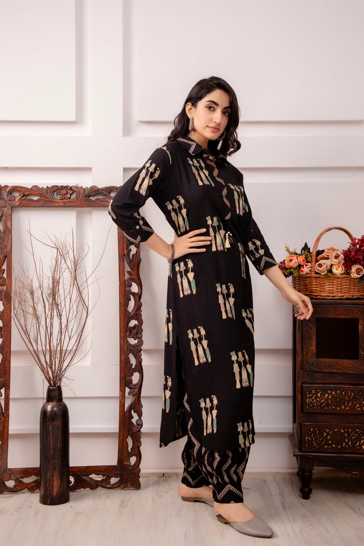 Women's Rayon Black Straight Kurta and Afghani Salwar Set