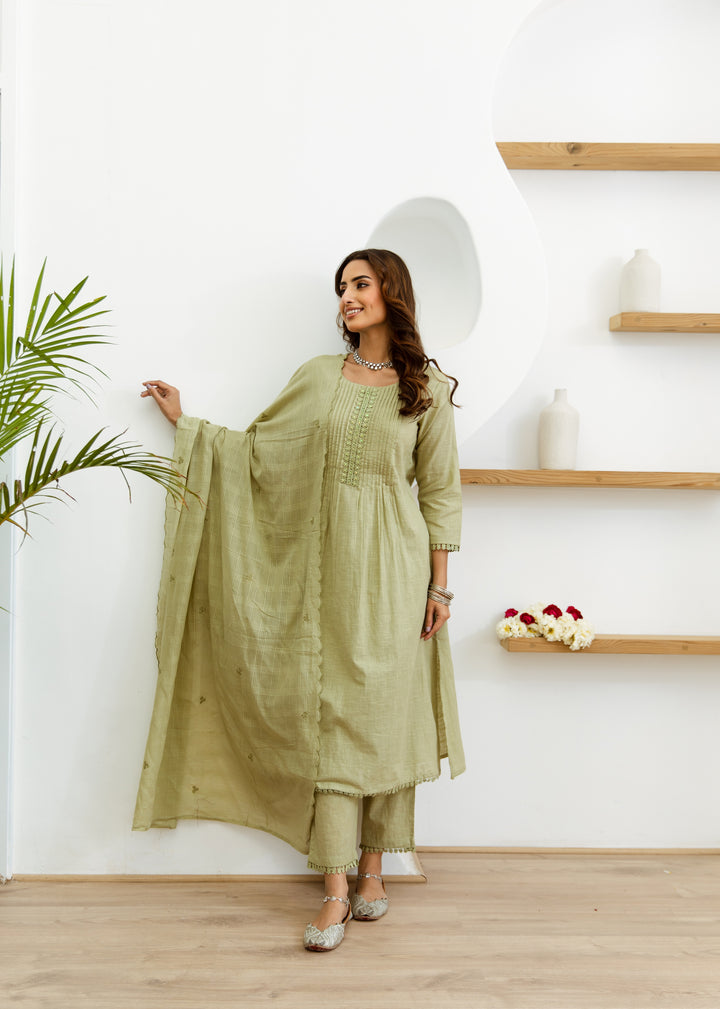 Women's Pista Green Cotton Kurta, Pant  and Dupatta Set