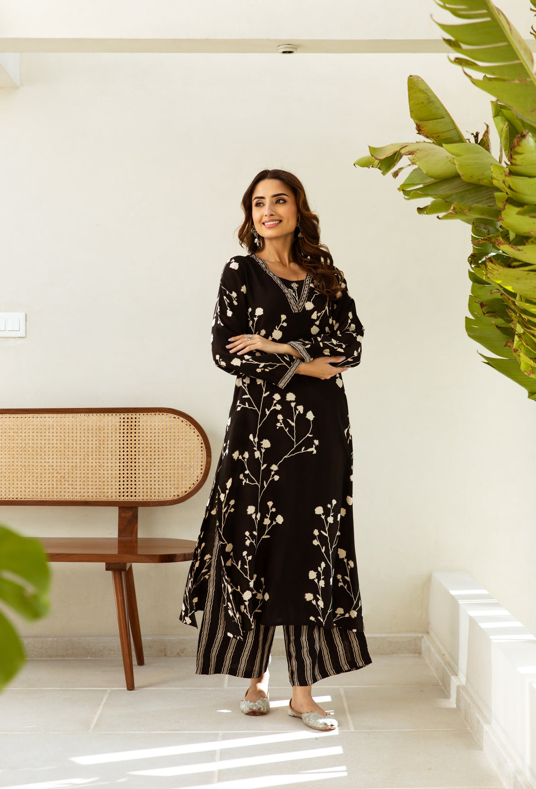 Women's Black Rayon Kurta Palazzo Set