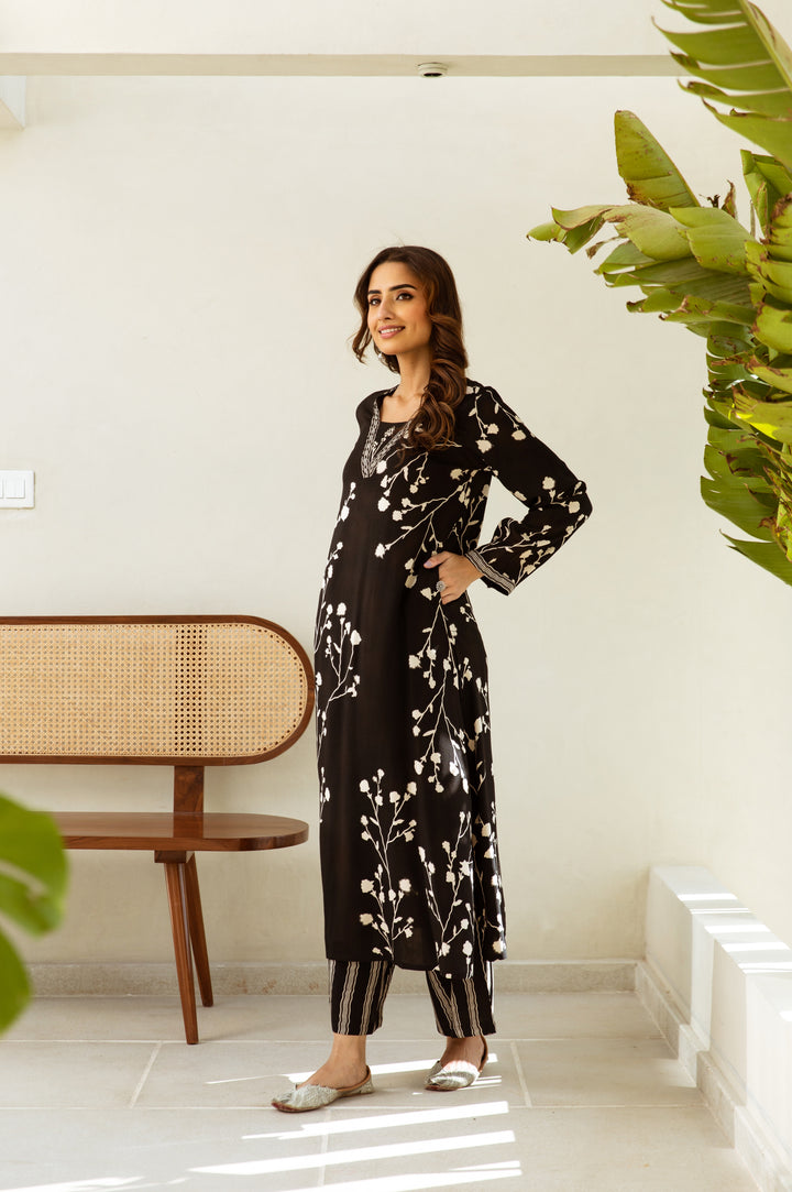 Women's Black Rayon Kurta Palazzo Set