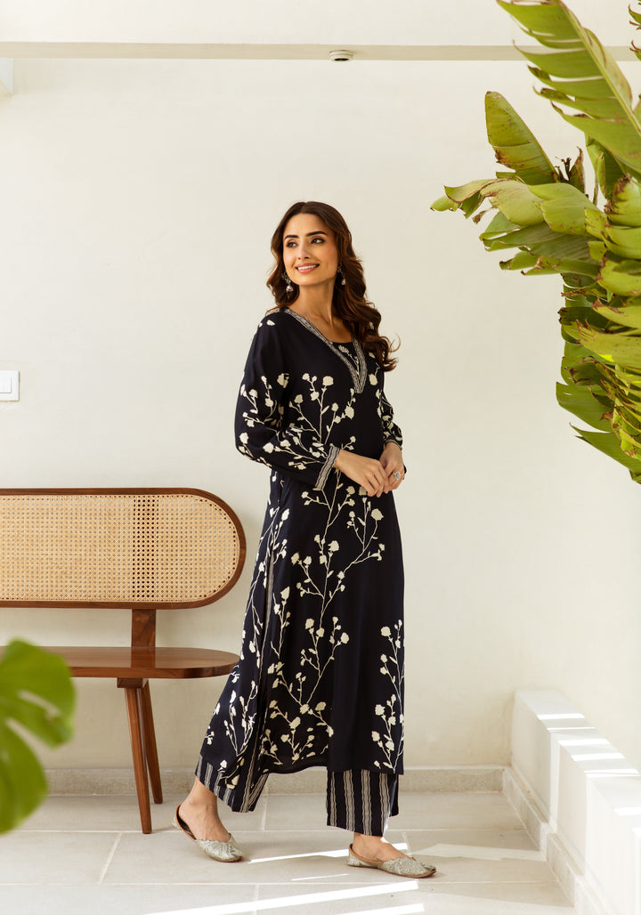 Women's Navy Blue Rayon Kurta Palazzo Set