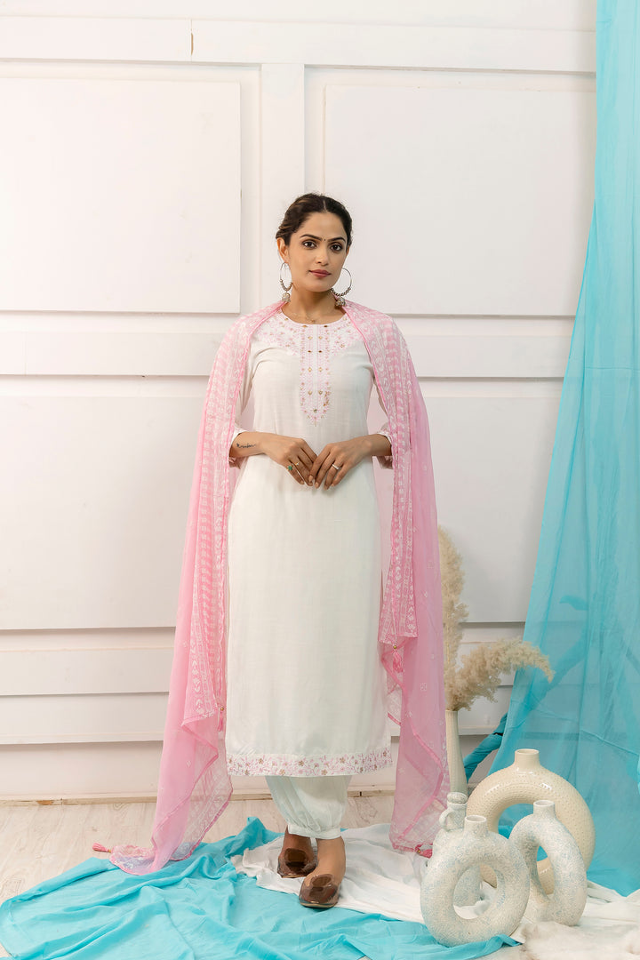 Women's White Rayon Kurta Afghani Salwarand Dupatta Set