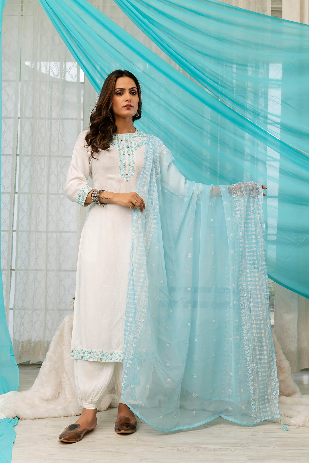 Women's White Rayon Kurta Afghani Salwarand Dupatta Set