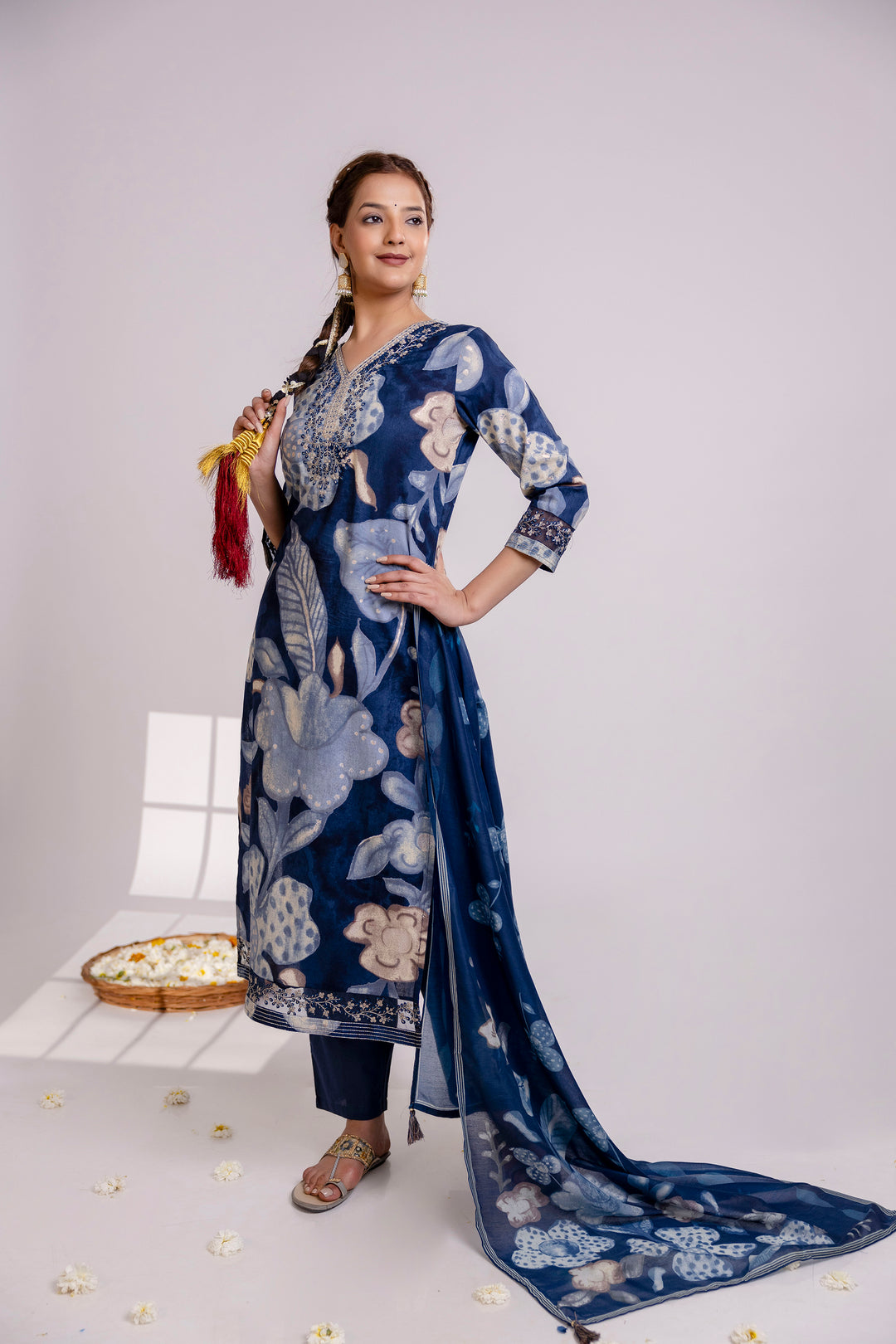 Women's Blue Cotton Kurta Pantand Dupatta Set