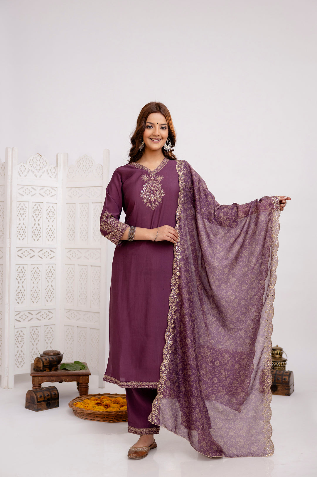 Women's Violet Muslin Kurta Pantand Dupatta Set