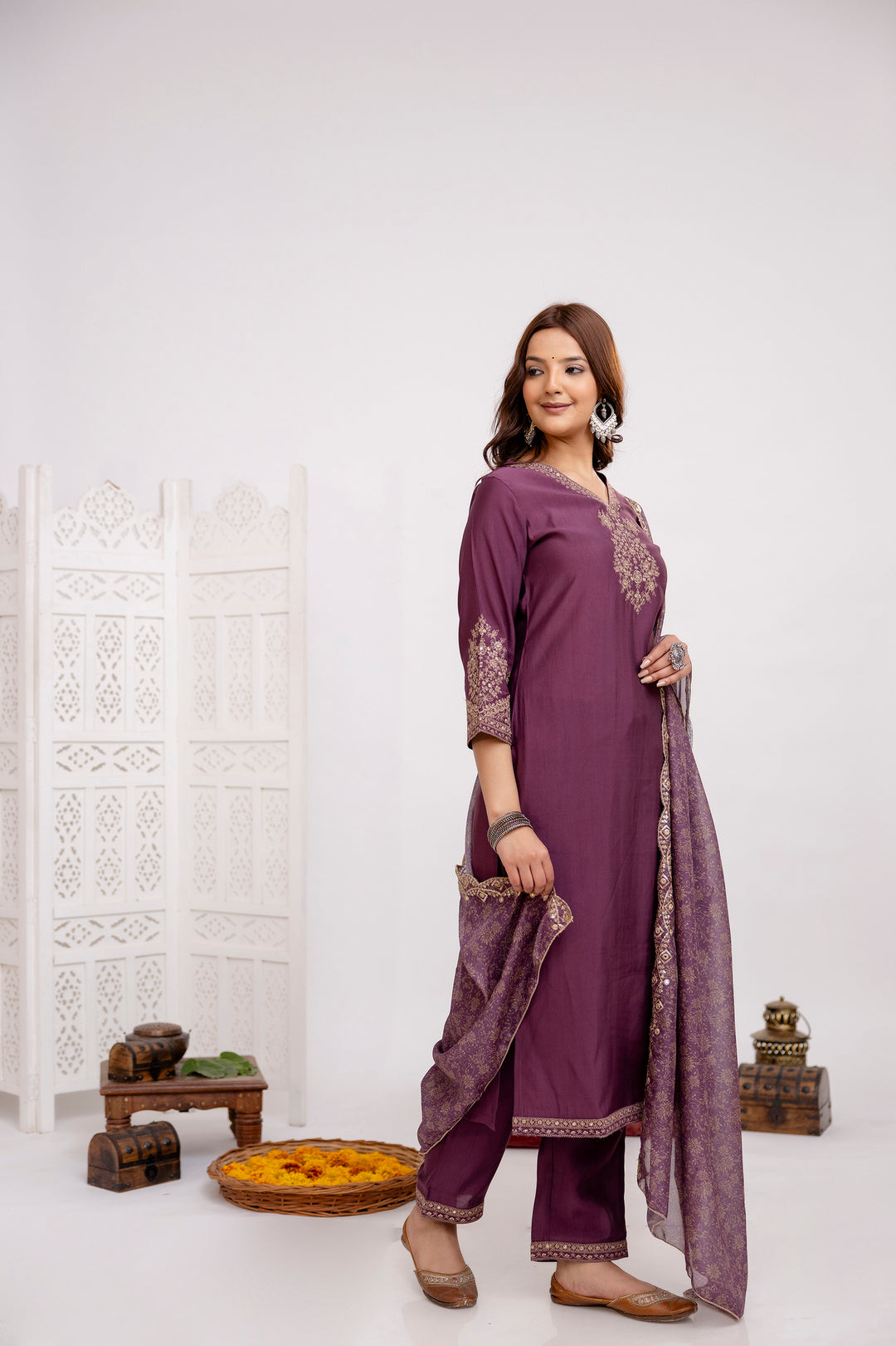 Women's Violet Muslin Kurta Pantand Dupatta Set