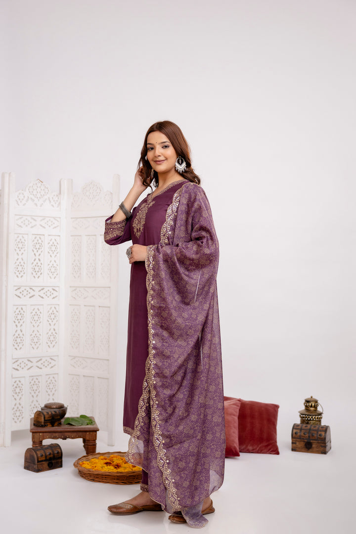 Women's Violet Muslin Kurta Pantand Dupatta Set