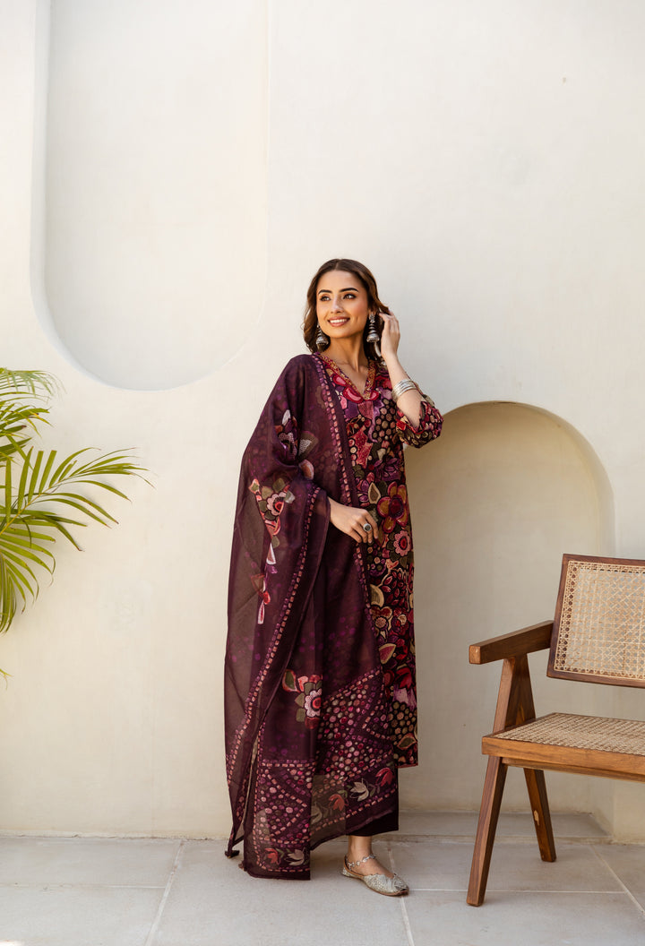 Women's Maroon Cotton Kurta Pantand Dupatta Set