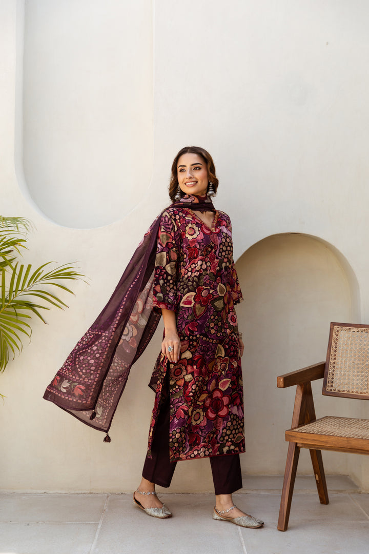 Women's Maroon Cotton Kurta Pantand Dupatta Set