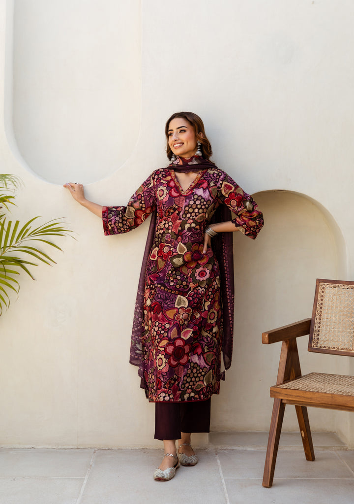 Women's Maroon Cotton Kurta Pantand Dupatta Set