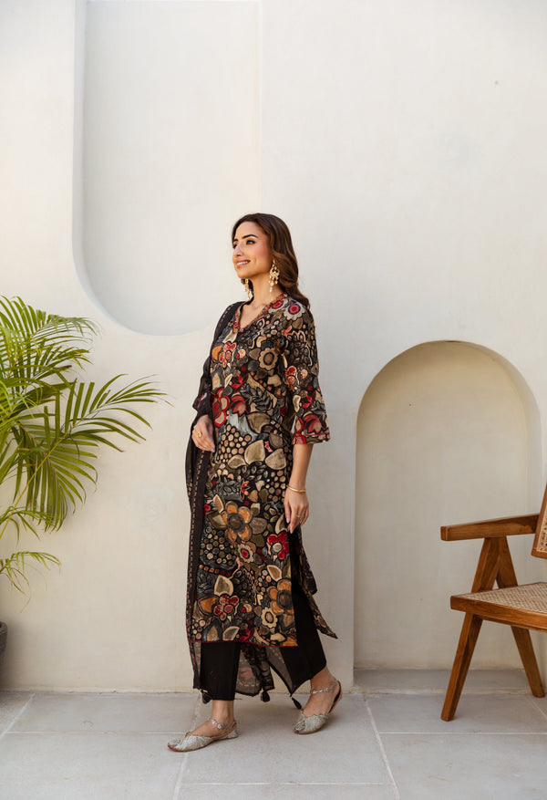 Women's Black Cotton Kurta Pantand Dupatta Set