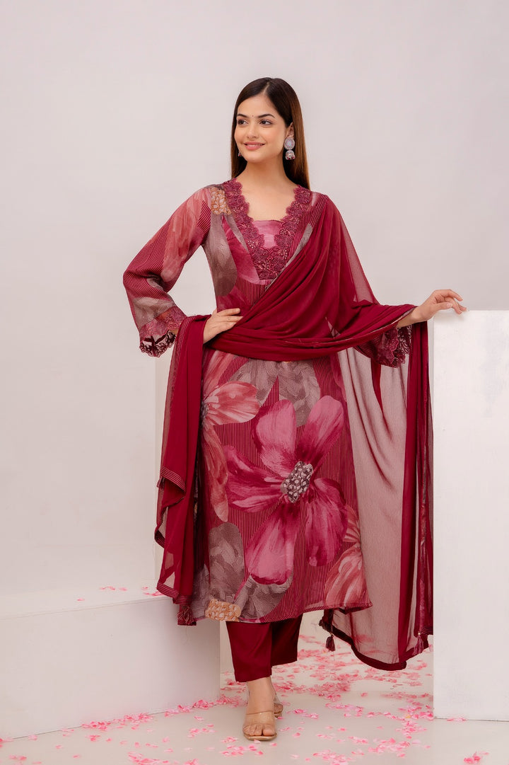 Women's Maroon Chinon Kurta Pantand Dupatta Set