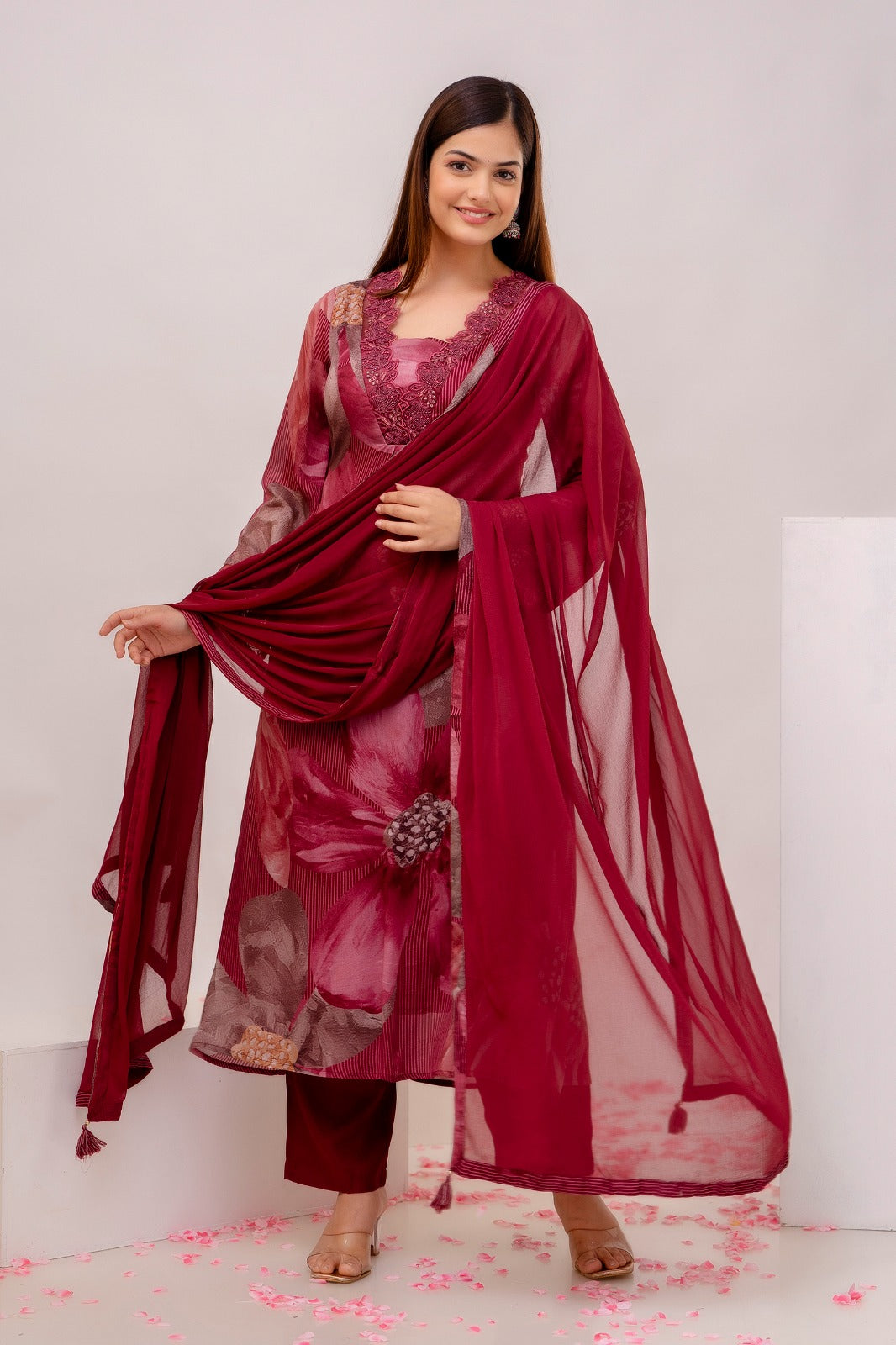 Women's Maroon Chinon Kurta Pantand Dupatta Set