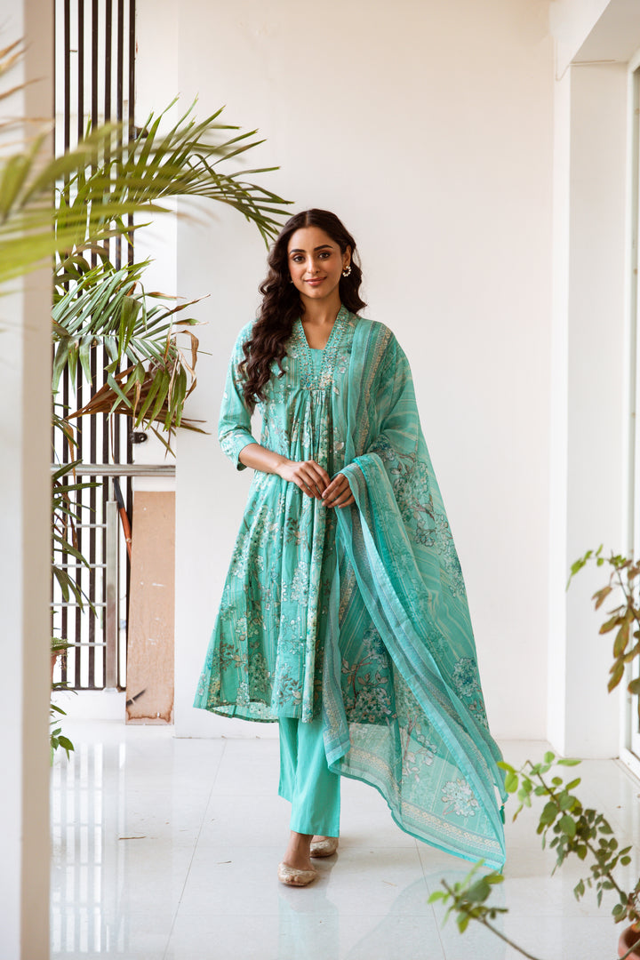 Women's Green Cotton Kurta Pantand Dupatta Set