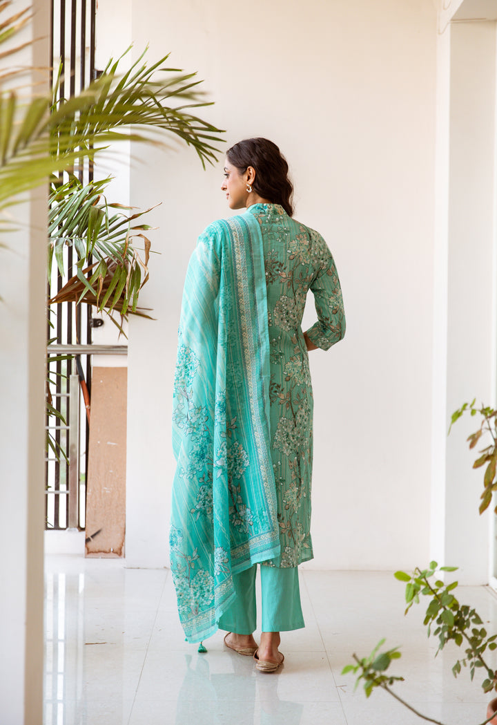 Women's Green Cotton Kurta Pantand Dupatta Set